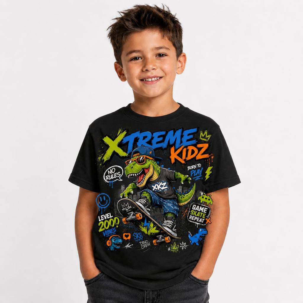 Camiseta Infantil Masculina Dinossauro Skatista Estampada Algodão