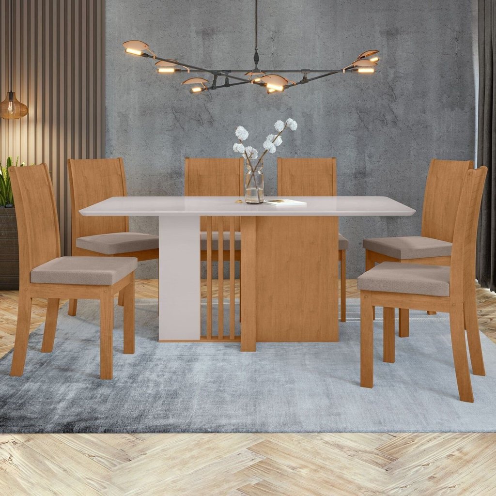 Conjunto Sala de Jantar 6 Lugares Retangular Tampo MDF Mesa Astrid com Cadeiras Athenas Amêndoa Clean/Off White/Animale