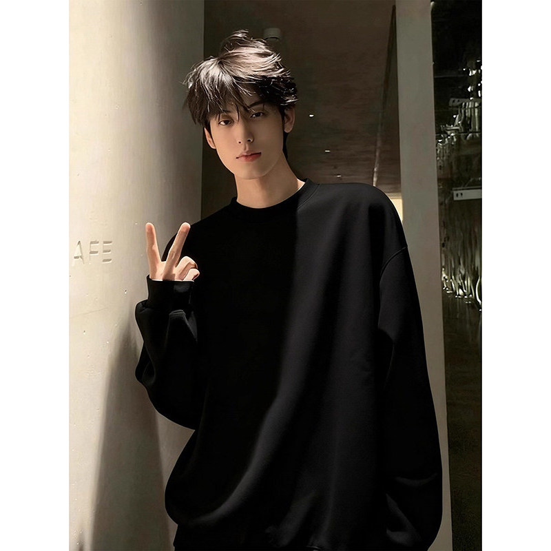 Primavera cor sólida manga comprida camiseta masculina 230g pesado 100% penteado puro algodão americano básico camiseta 