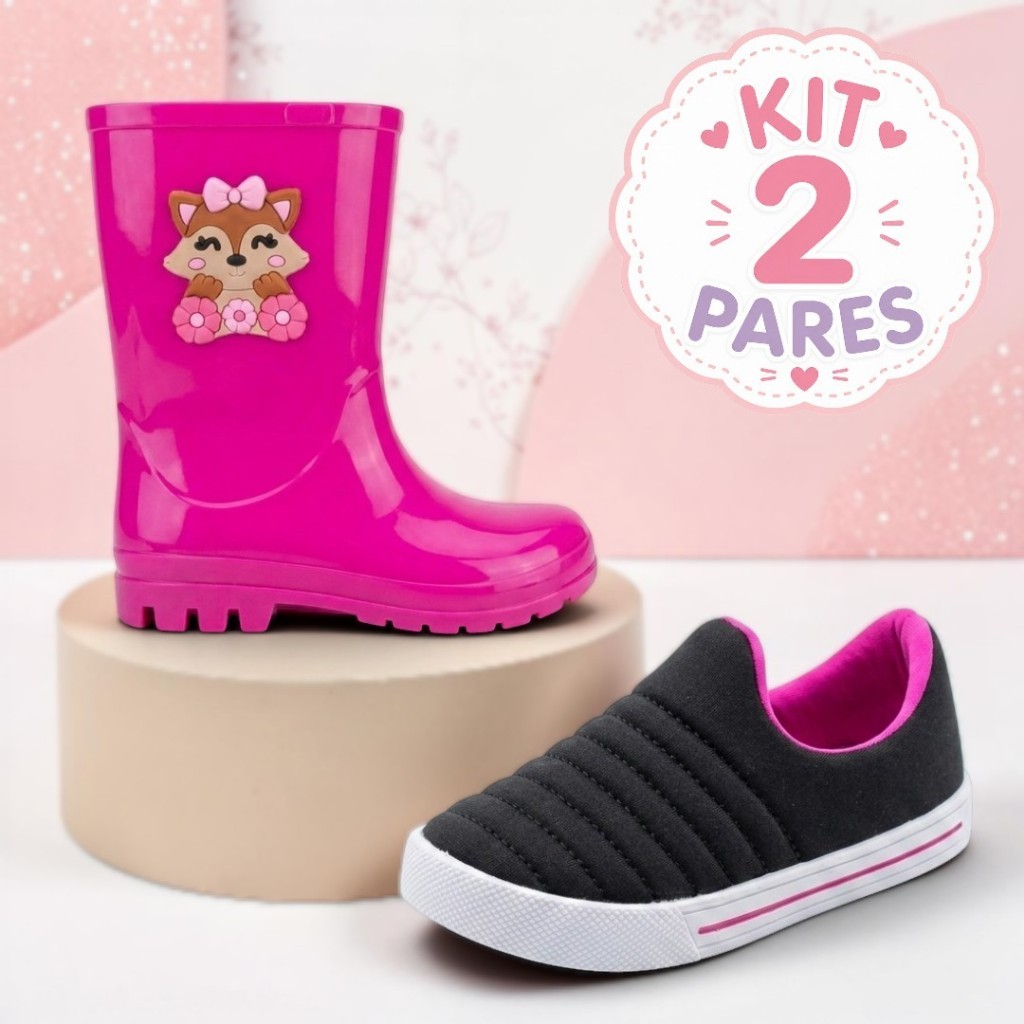 Kit 2 Pares Bota Galocha Cano Alto e Calce Fácil Infantil Menina