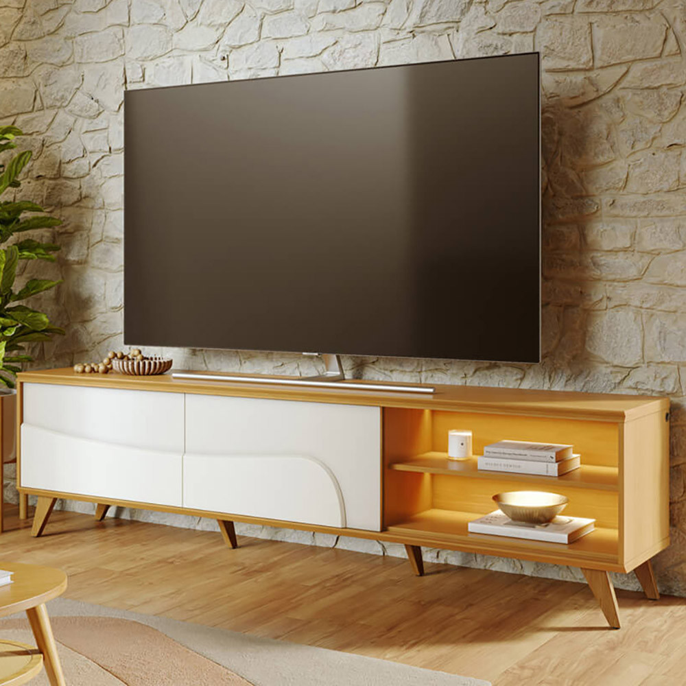 Rack Para Sala de Estar TV 75 Pol Com LED Pés Retrô 216cm Salerno C04 Naturale Off White Matte - Lyam Decor