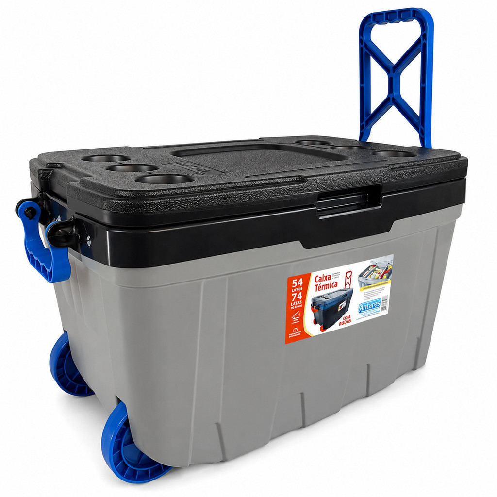 Caixa Térmica 54L com Rodas e Alça Reforçada, Capacidade para 74 Latas, Praia, Camping e Lazer Total
