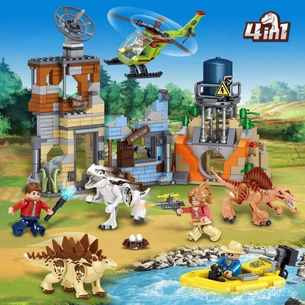 Blocos de montar Lego, série de aventuras com dinossauros, modelo de helicóptero de fuga Tyrannosaurus Spinosaurus para
