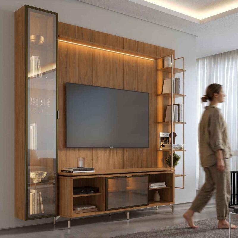 Rack com Painel para TV até 85" 6 Prateleiras e Cristaleira 1 Porta Vidro Reflecta e LED Lincoln Float 254cm - Canella