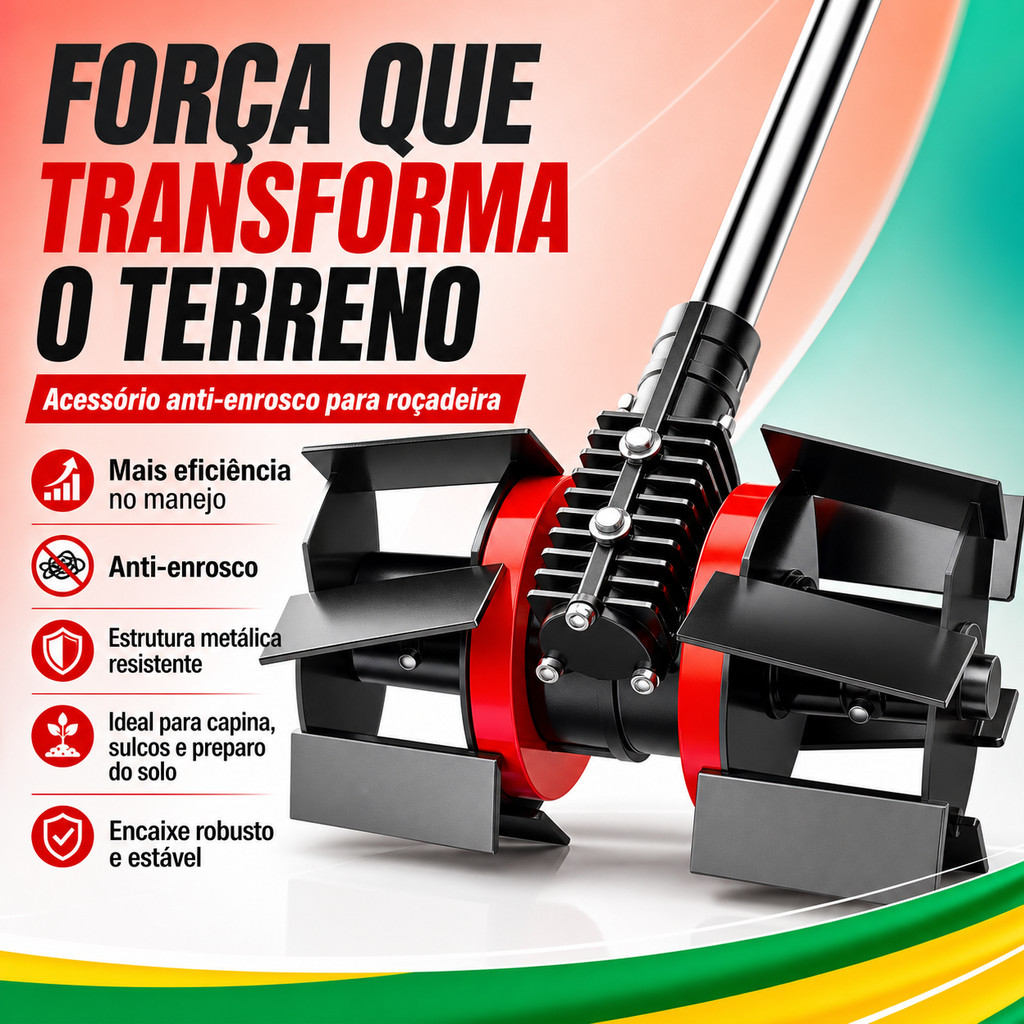 Roda capinadeira para roçadeira com caixa de engrenagem para remover mato afofar solo e abrir sulcos