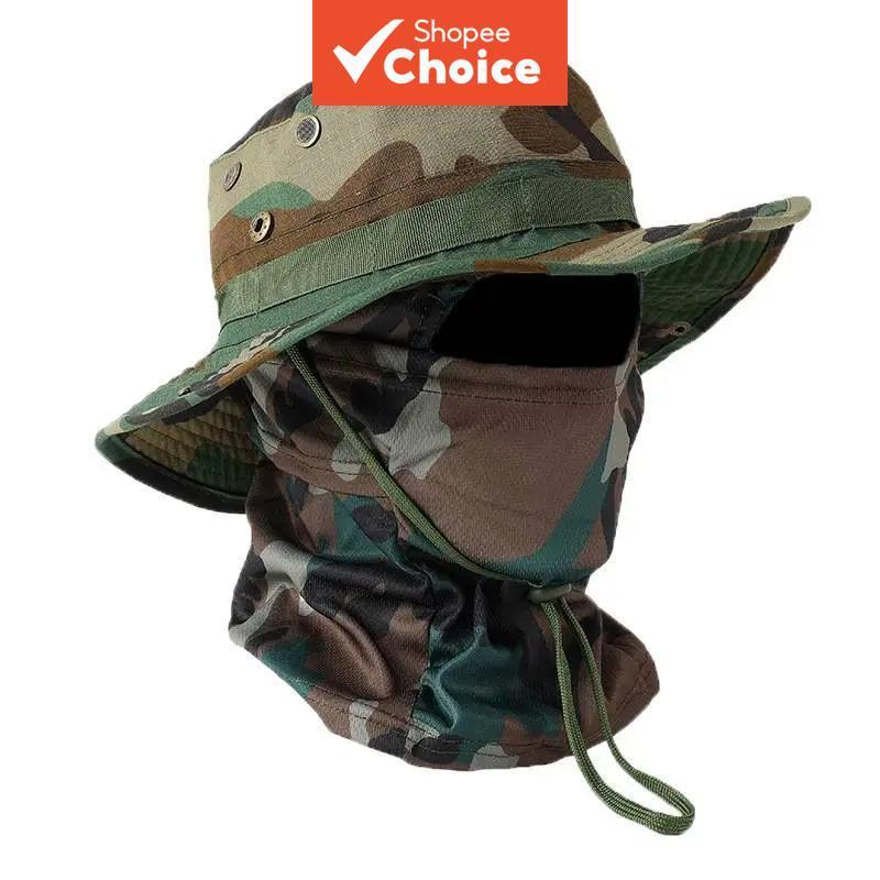 Boné de aba larga com estampa camuflada, chapéu de pesca respirável e protetor solar para homens ao ar livre