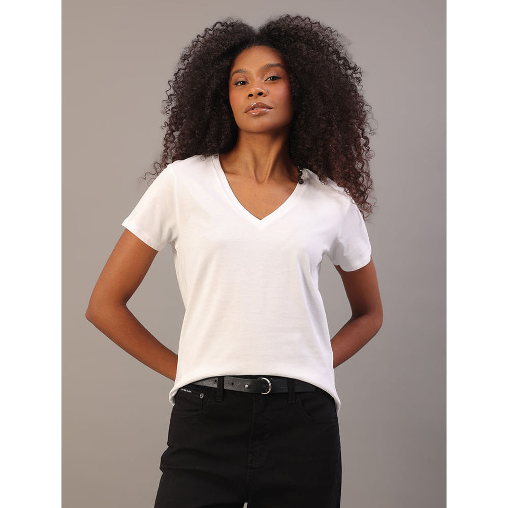 Camiseta Feminina Estampa Lateral Gola v Calvin Klein Jeans - Branco