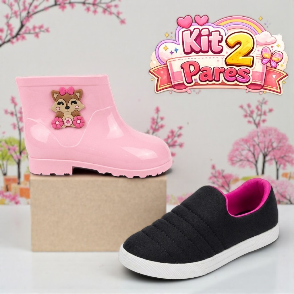 Kit 2 Pares Infantil Menina Galocha e Calce Fácil Macio e Confortável