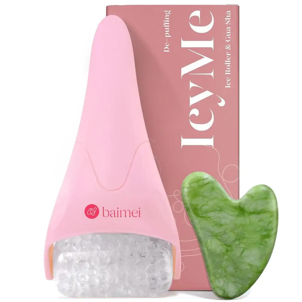 Conjunto IcyMe Ice Roller & Jade Gua Sha – Ferramentas de Massagem Facial BAIMEI para Cuidados com a Pele # TikTokShopHo