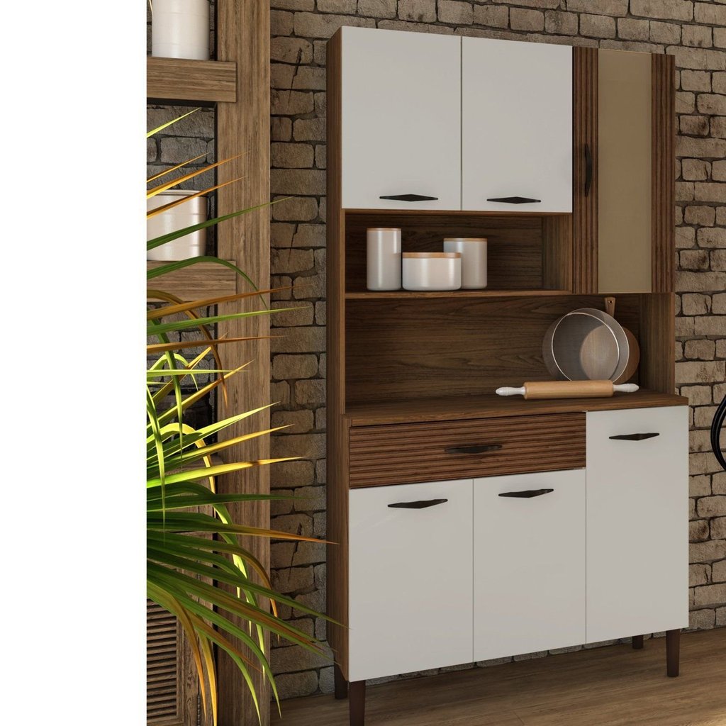 Armário de Cozinha 6 Portas 1 Gaveta Golden Branco/Nogueira/Off White/Cp- Ripado Nogueira/Off White/CP-Ripado