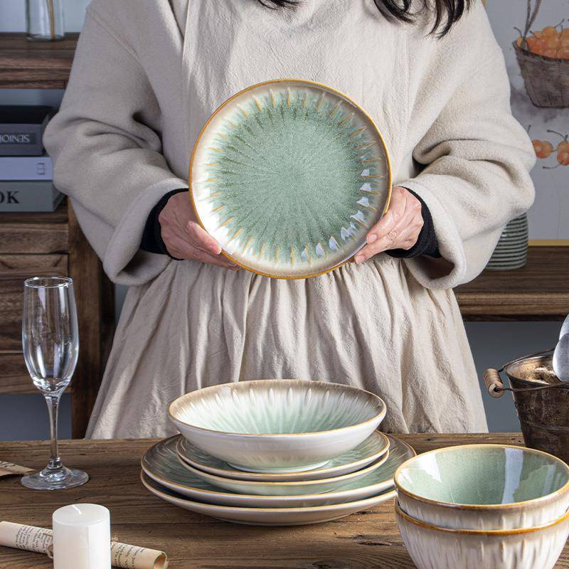 Talheres europeus Underglaze cor cerâmica prato de jantar alívio forno esmalte-mudança placa bife placa macarrão tigela 