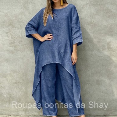 Conjunto Feminino Plus Size Linho Algodão Blusa Assimétrica Manga Longa Calça Wide-Leg Casual