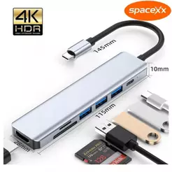 HUB 7 em 1 Tipo C USB HDTV 4K 30Hz Vídeo USB 3.0 USB 2.0 SD TF Cartão Slot Leitor de Dados USB-C-Spacexx