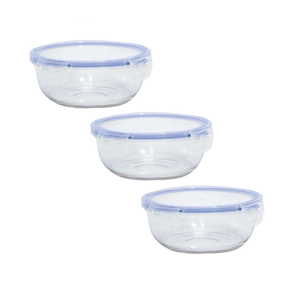 Jogo 3 Potes Vidro 580ml Marmita Micro-ondas Freezer Tigela Refratário Guardar Comida Geladeira Antivazamento 4 Travas