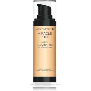 Loção de Maquiagem Base Hidratante e Iluminadora Miracle Pre-Prep da Max Factor, fórmula nutritiva contendo niacinamida 