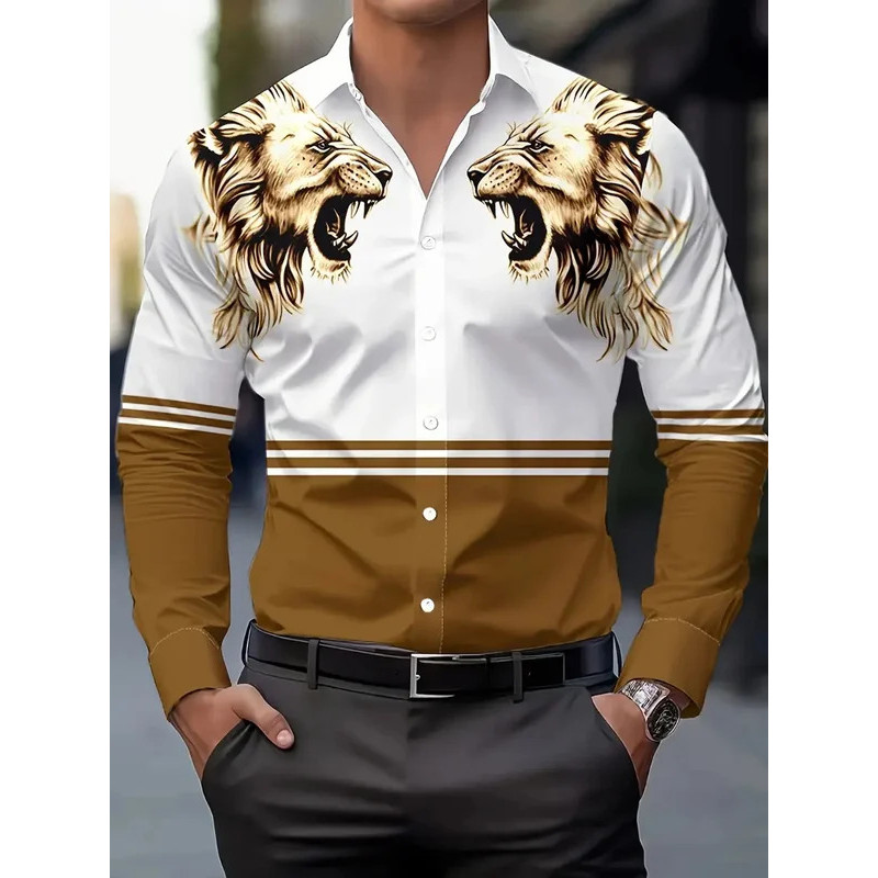 Nova Camisa Masculina Leão Padrão Impresso De Manga Longa Rua Roupas Moda Designer NNLF