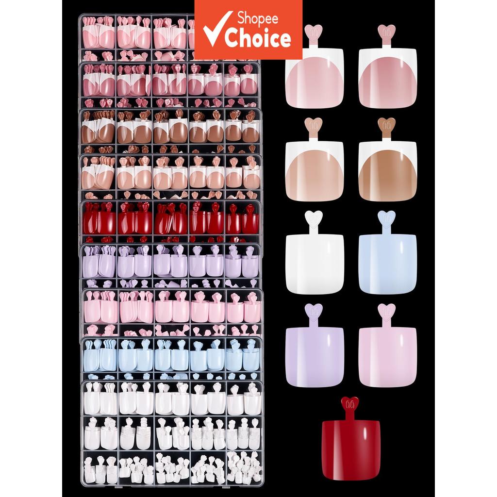 160 peças, caixa com unhas postiças brancas com ponta francesa para os pés, tons pastel claros, cobertura completa