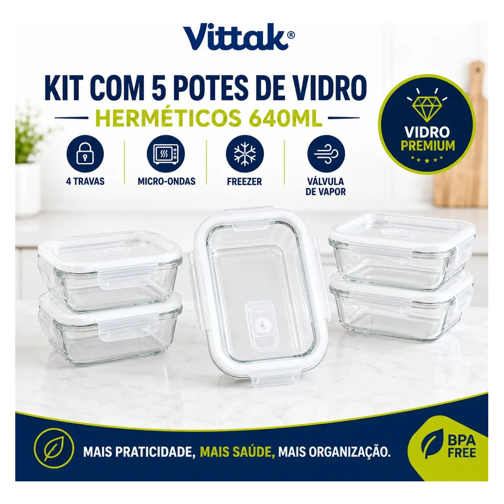 Potes Vidro Hermético Vittak Transparente 680ml Tampa 4 Travas Marmita Microondas Freezer Porta Mantimentos
