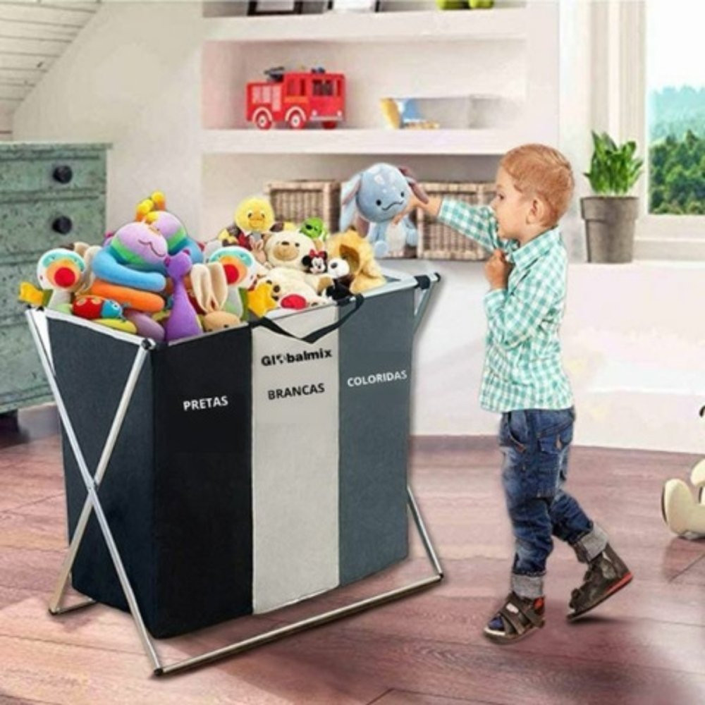 Cesto Organizador De Roupas Sujas Multiuso 3 Compartimentos Acessórios Lavanderia Brinquedos