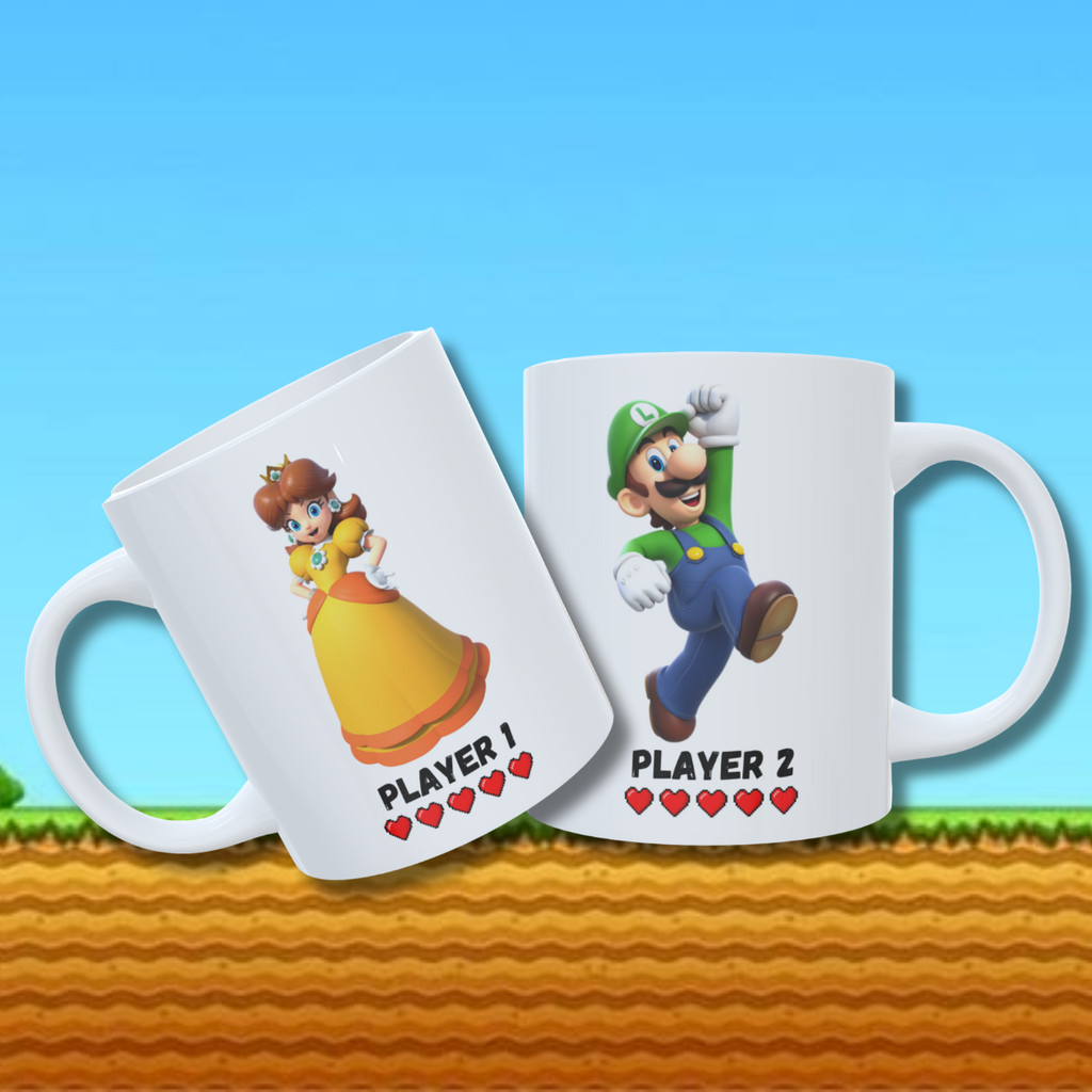 Kit 2 Canecas Player 1 Player 2 Casal Namorados Gamer Luigi Mario Bross Princesa Jogo Nintendo Presente