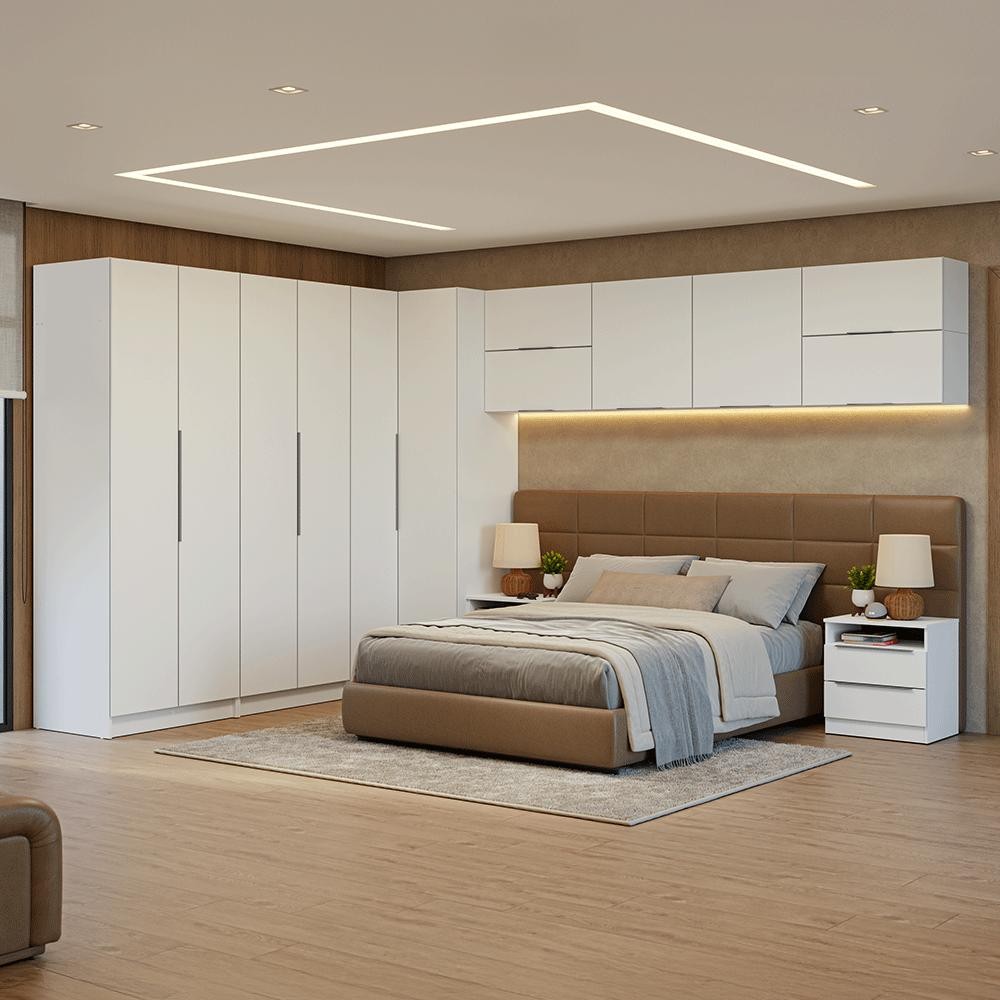 Quarto Completo Casal de Canto 610 cm com Mesa de Cabeceira Branco Neo Madesa