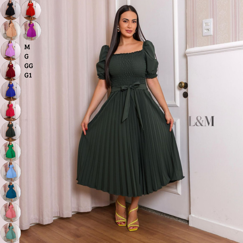 Vestido Mídi Feminino Plus Size Verão Plissado Liso Manga Curta Bufante com Elástex Confortável em Oferta na Shopee
