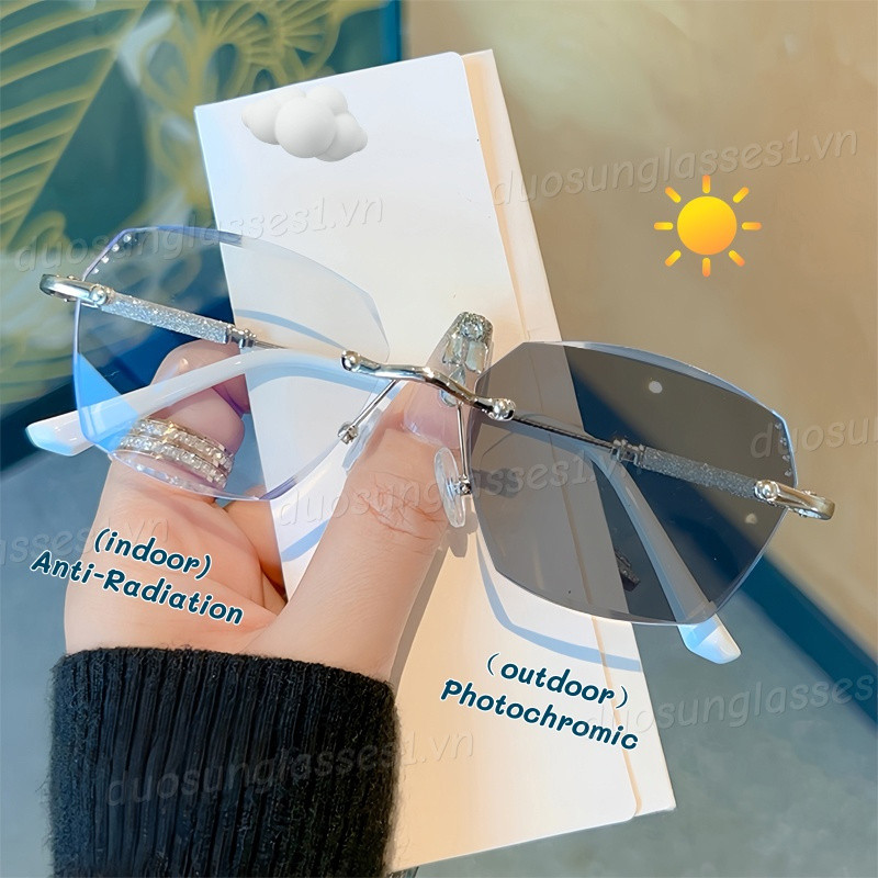 Novo Diamante Olho De Gato Sem Aro Fotocromático Anti Radiação Óculos Para Mulher Luz Azul