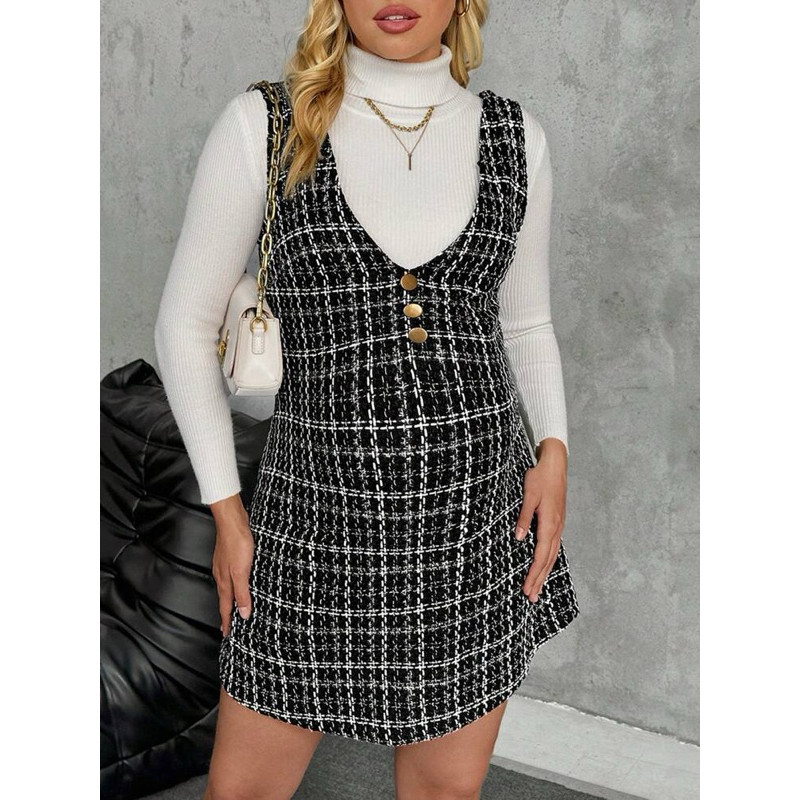 Vestido Curto Gestante Tweed Xadrez Elegante para Grávida Alta Tendência Moda Europa Preto