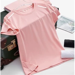 Camiseta Esportiva Solta Listras Reflexivas Estampadas, Respirável, Absorção de Umidade e Casual para Mulheres - Verão