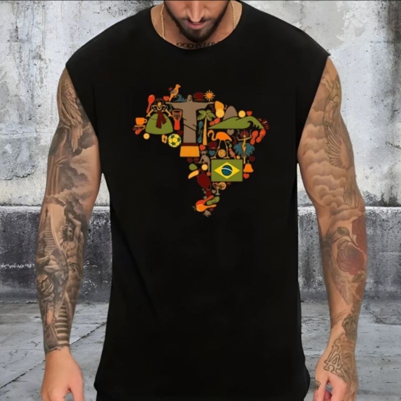 Regata Oversized Sleeveless Masculina Streetwear Estampada Brasil Mapa Estados Promoção
