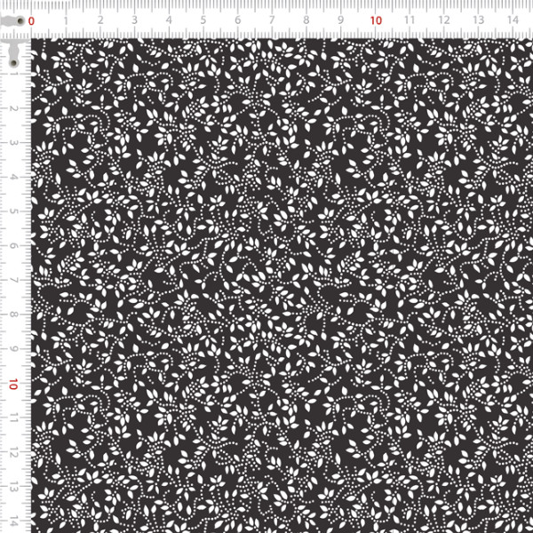 Tecido Tricoline Estampado Floral Ramificado Branco Fundo Preto Artesanato Costura Estilo Natural