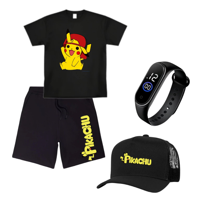 Conjunto Pokemon Pikachu Menino Camiseta Bermuda Relogio Inf