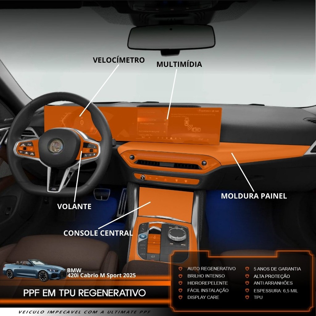 Película PPF Proteção Kit Interior Completo BMW 420i Cabrio M Sport 2025 Transparente TPU Anti Risco