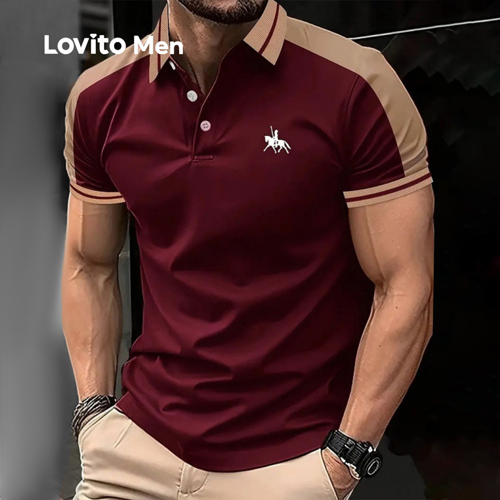 (NEW) Lovito Camisa Polo Casual de Cor em Bloco com Botões Primavera/verão Camisa Polo Vermelha para Homens LNE118145 em Oferta na Shopee
