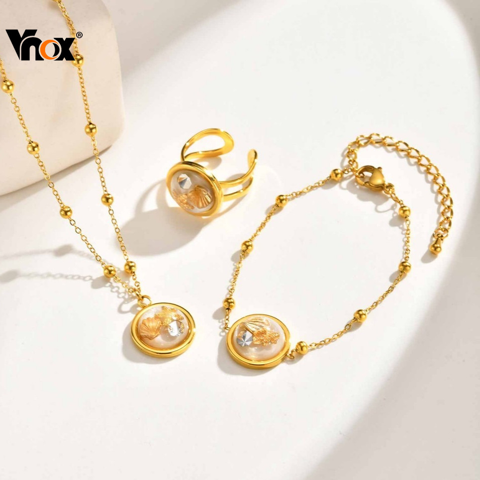 Vnox 3 Peças Estilo Oceano Concha Resina Pingente Pulseira Colar Conjunto De Anel, Feminino Meninas Aço Inoxidável À Pr · foto 2