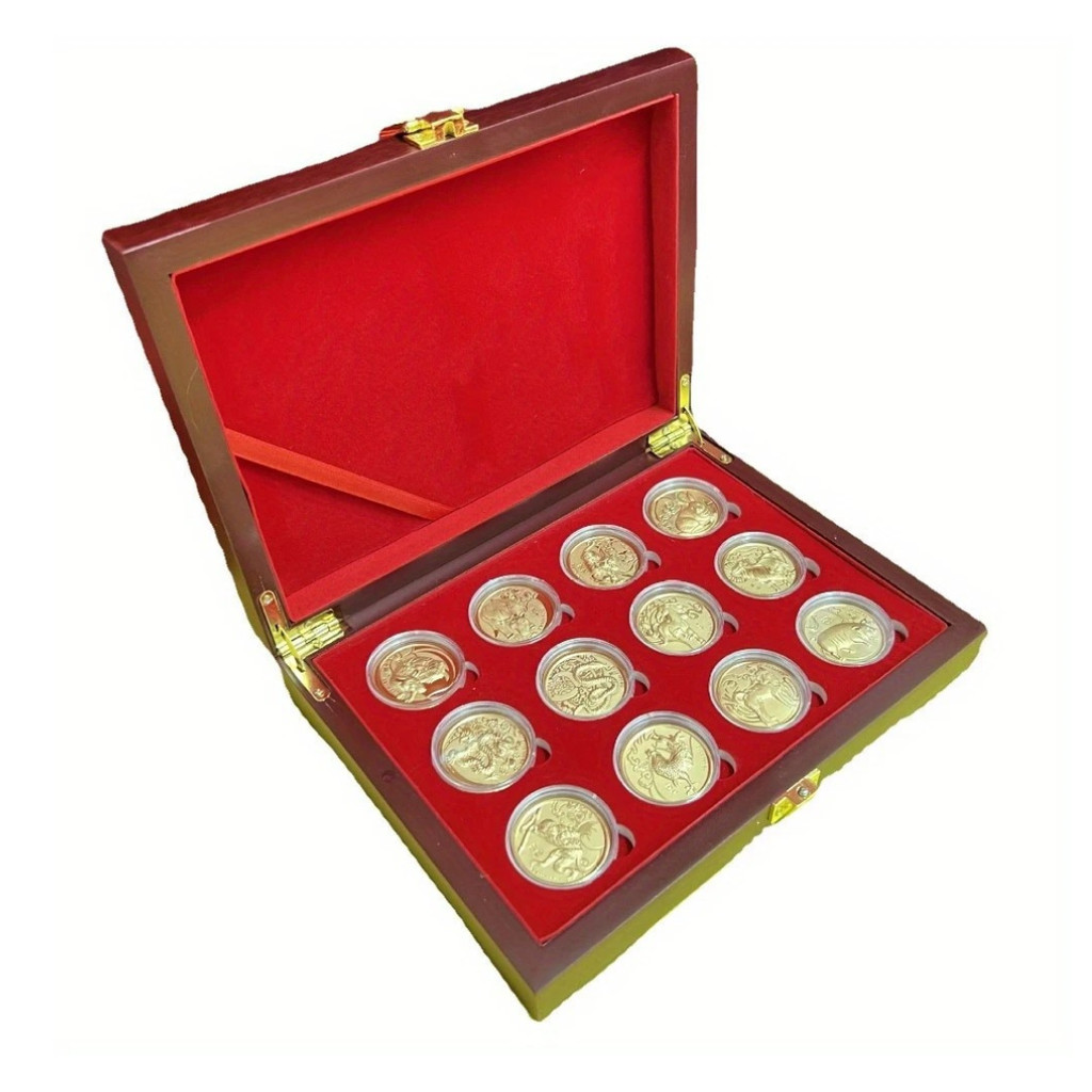 Coleção Moedas Zodíaco Chinês Douradas – Conjunto de 12 em Caixa Luxo