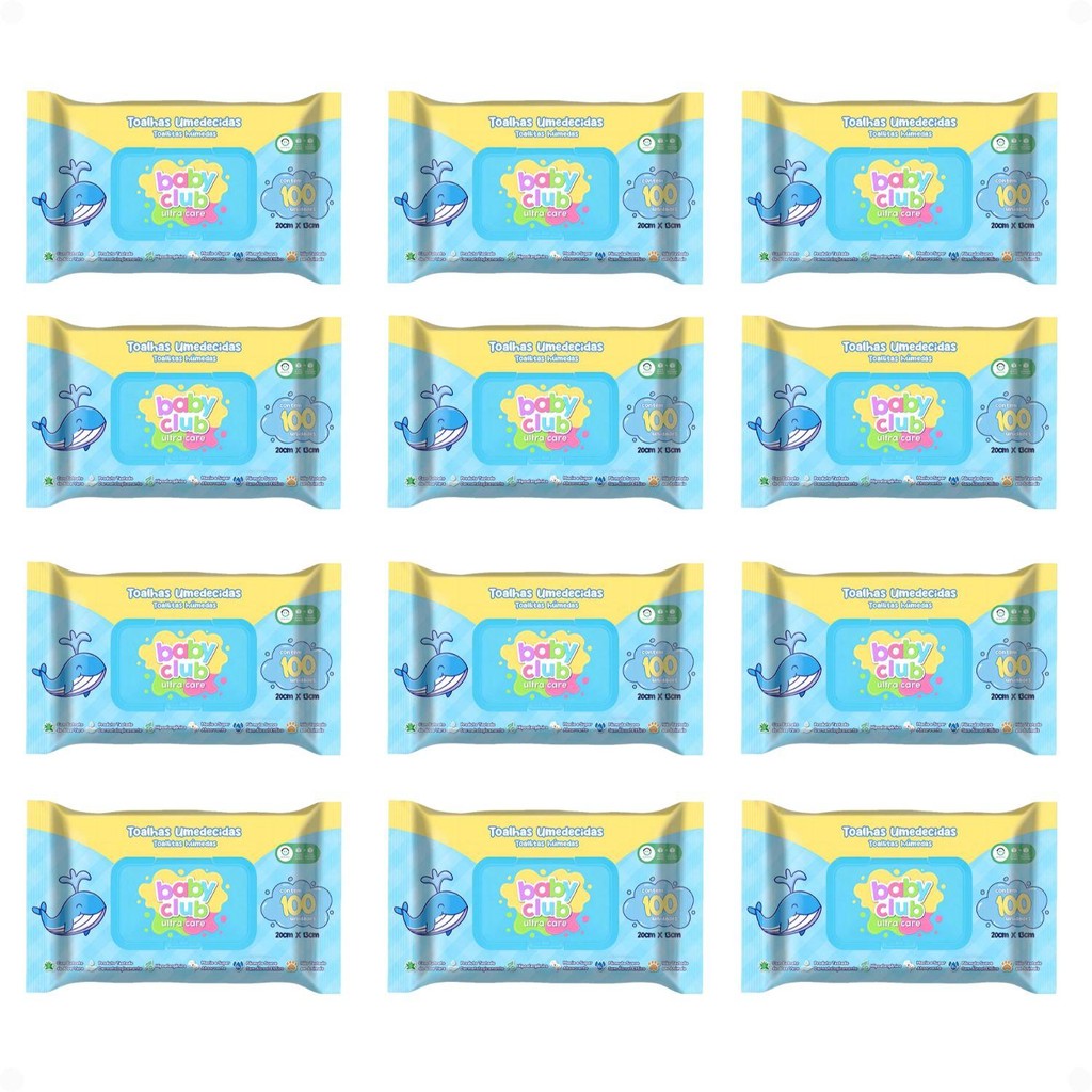 Kit Baby Club Ultra Care: 12 Pacotes Toalhas Umedecidas Baby 20x13cm Com 100Un