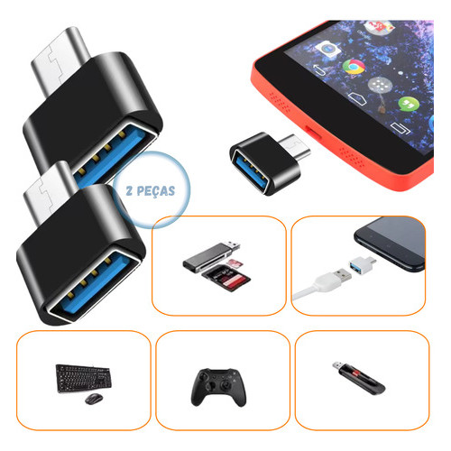 Kit 2x Adaptador Usb 3.0 Para pendrive Tablet Celular Mouse - otg tipo c femea para usb macho conector
