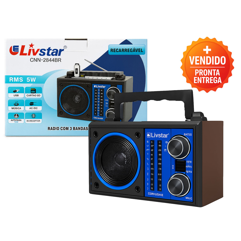 Rádio Portátil Clássico 3 Bandas FM AM SW USB Cartão SD Recarregável Alta Potência 5W Azul