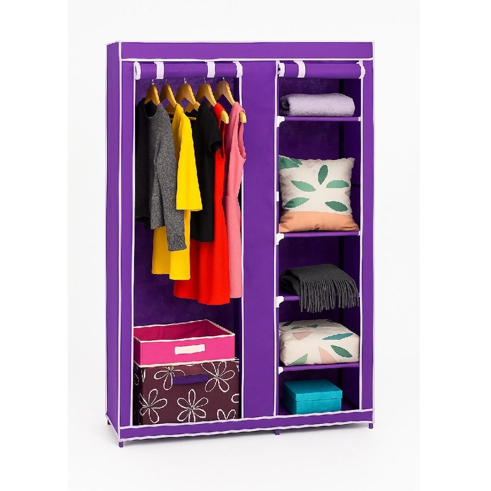 Guarda Roupa Portátil Duplo Cabideiro Roxo Arara Organizador Sapateira Closet Quarto Camping Prateleiras
