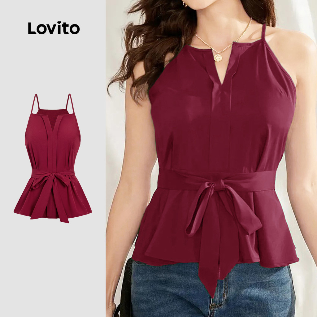 (NEW) Lovito Blusa Casual com Cadarço Plissada Primavera/verão Cor Bordô para mulheres L155ED834 em Oferta na Shopee