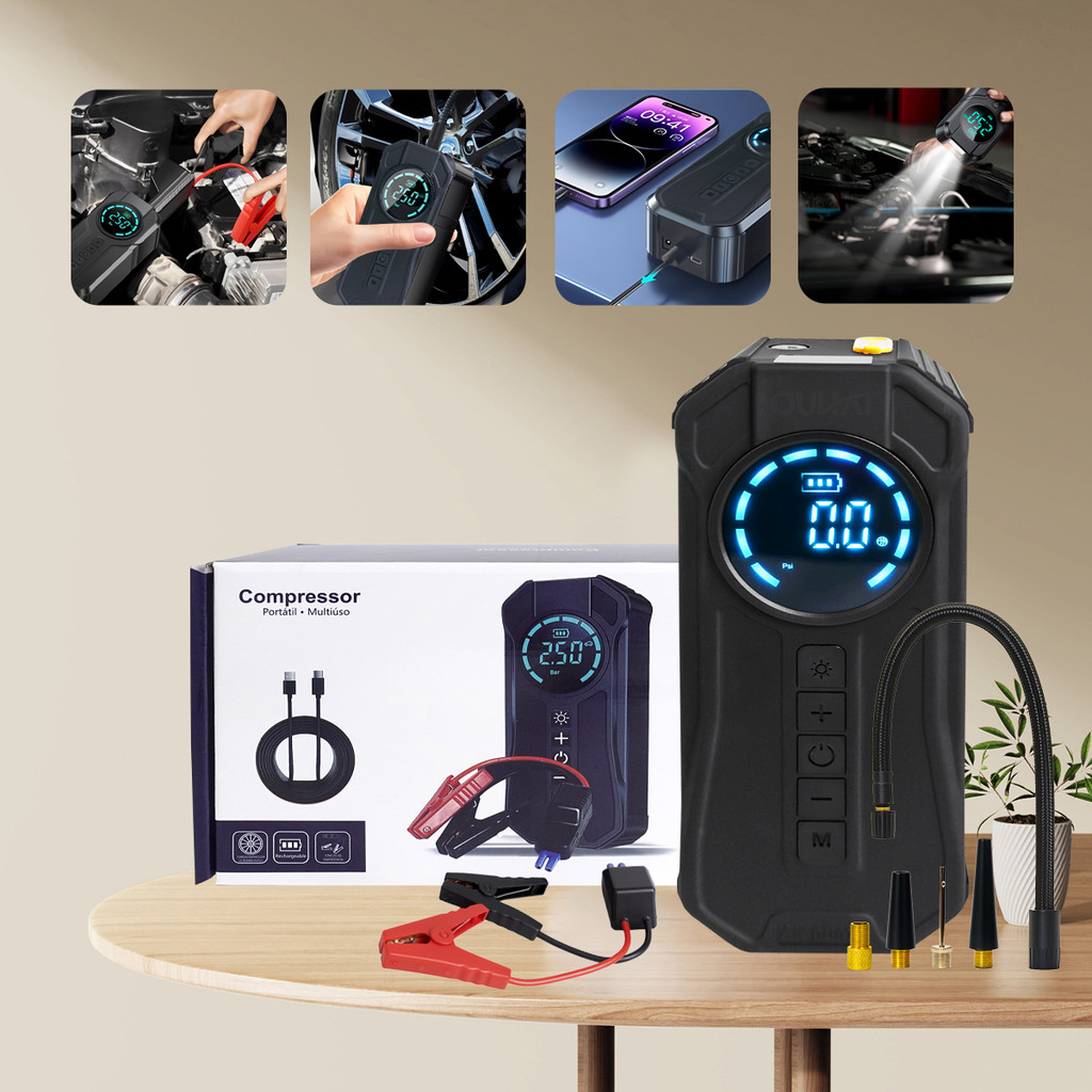 Carregador Partida Emergência 12V Jump Starter Power Bank Inflador de Pneus Proteção Inteligente