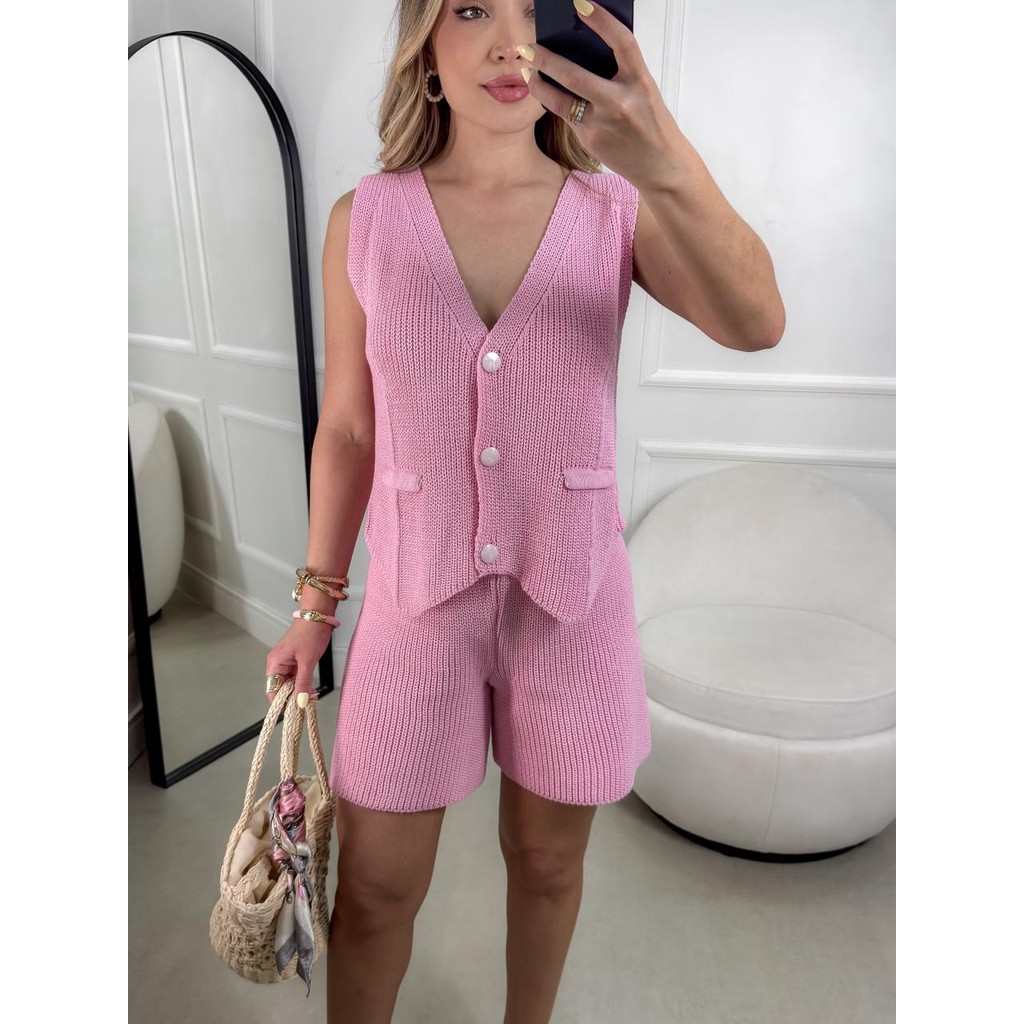 Conjunto Feminino Tricot Luxo Colete e Short Elegante Casual Moda 2025 Lançamento