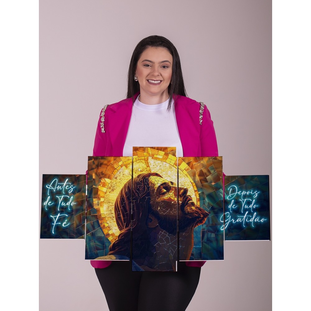 Quadro Decorativo Religioso Jesus Cristo 5 Peças Painel Mosaico Fé Gratidão Sala Quarto Parede