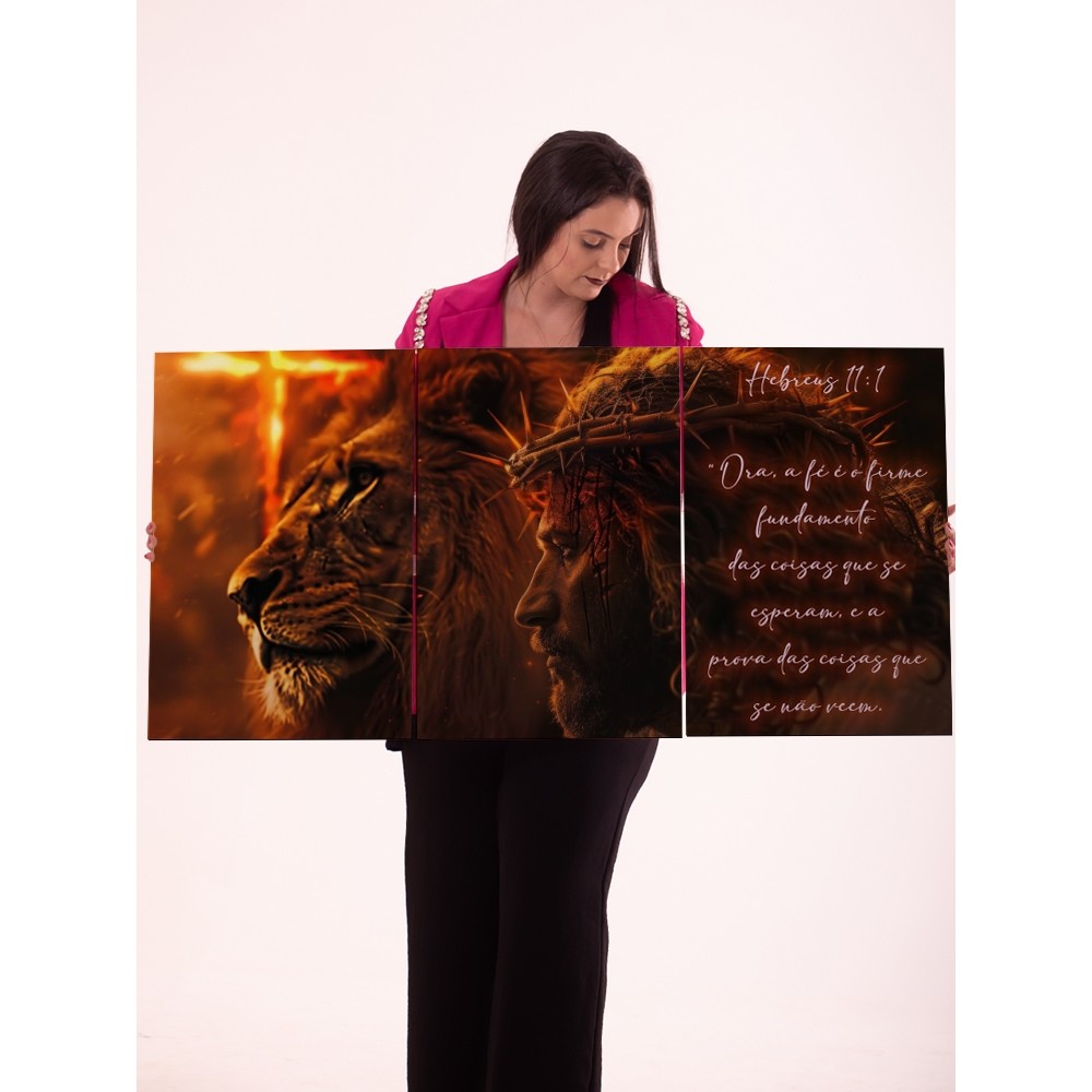 Quadro Decorativo 3 Peças Leão e Jesus Cristo com Versículo Bíblico Hebreus 11:1 Arte Religiosa