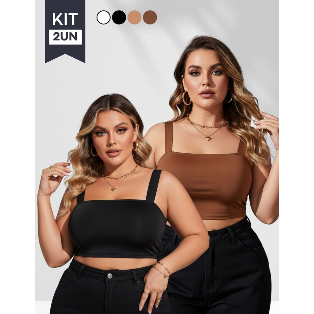 Kit 2x Cropped Plus Size Blusinha Top Alça Grossa Decote Reto Suplex G - G2