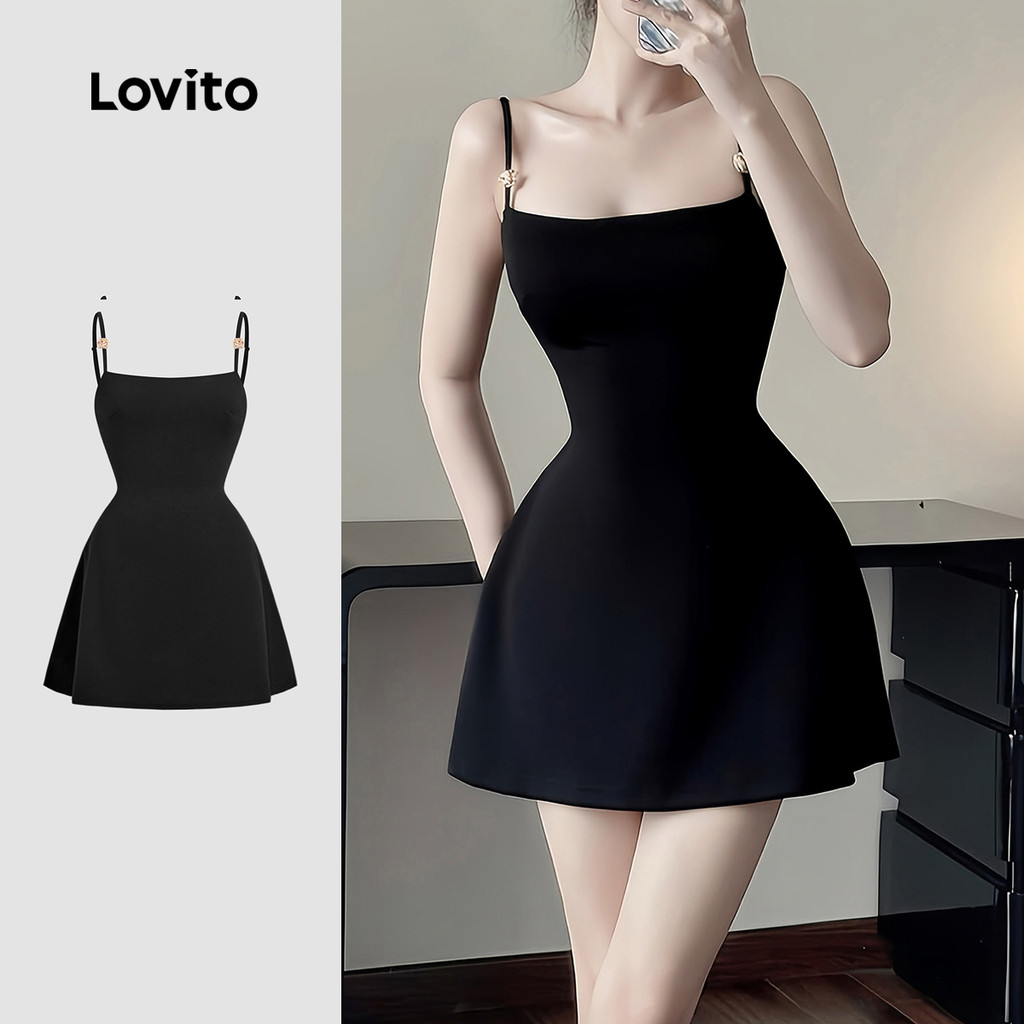 Lovito Vestido Casual Preto Retrô, Com Fivela de Metal e Alça Ajustável, Primavera/Verão, Mulheres L134ED1004 em Oferta na Shopee