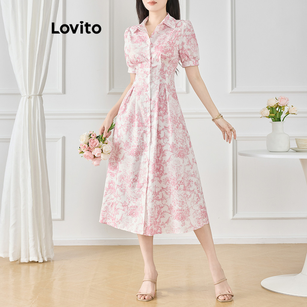 Detalhes do Lovito Vestido Elegante Floral Com Botão Frontal E Costura Em Tecido Para Mulheres L120ED1110