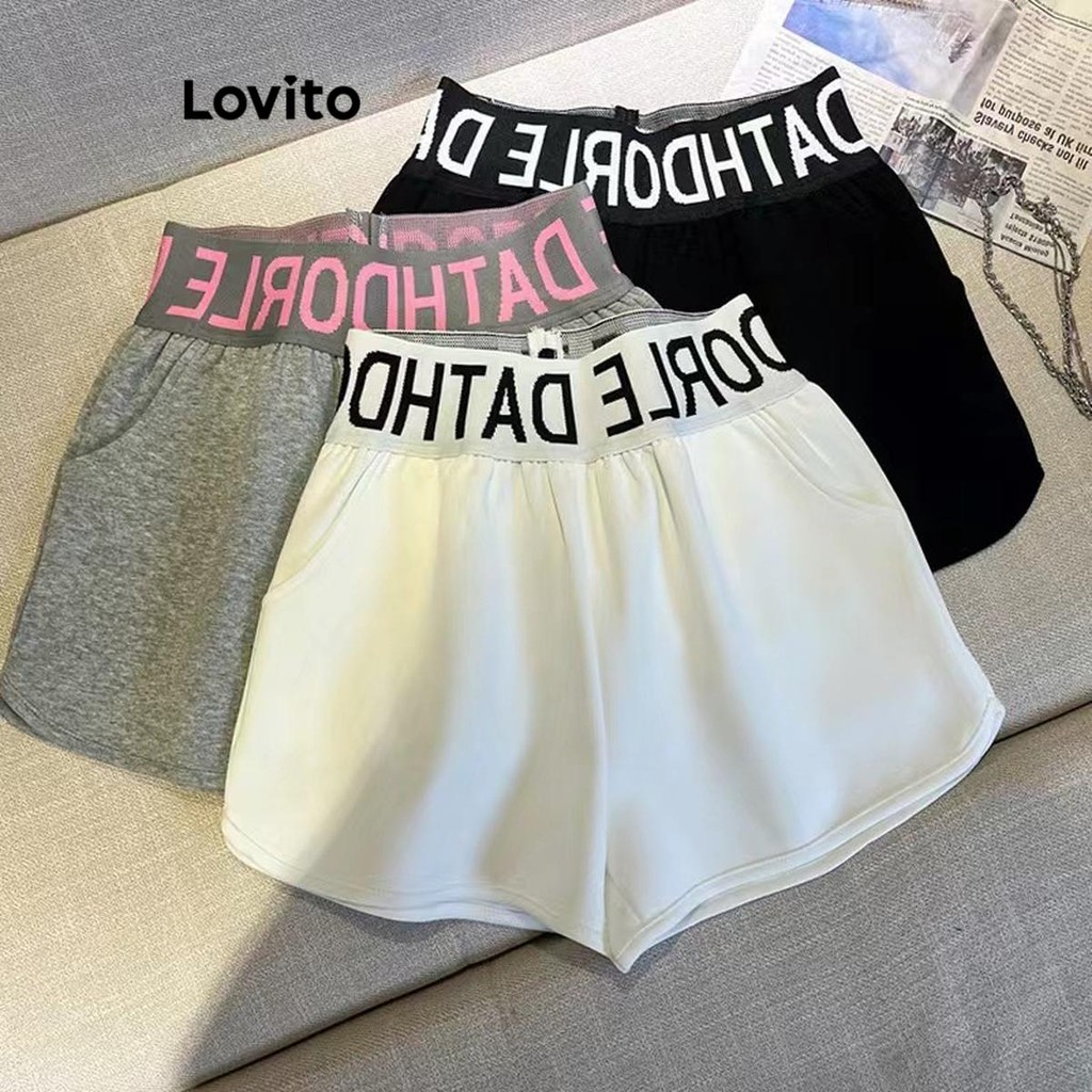 Detalhes do Lovito Shorts Esportivos Femininos Com Estampa De Letras E Bolso Modelo Básico LNL56172