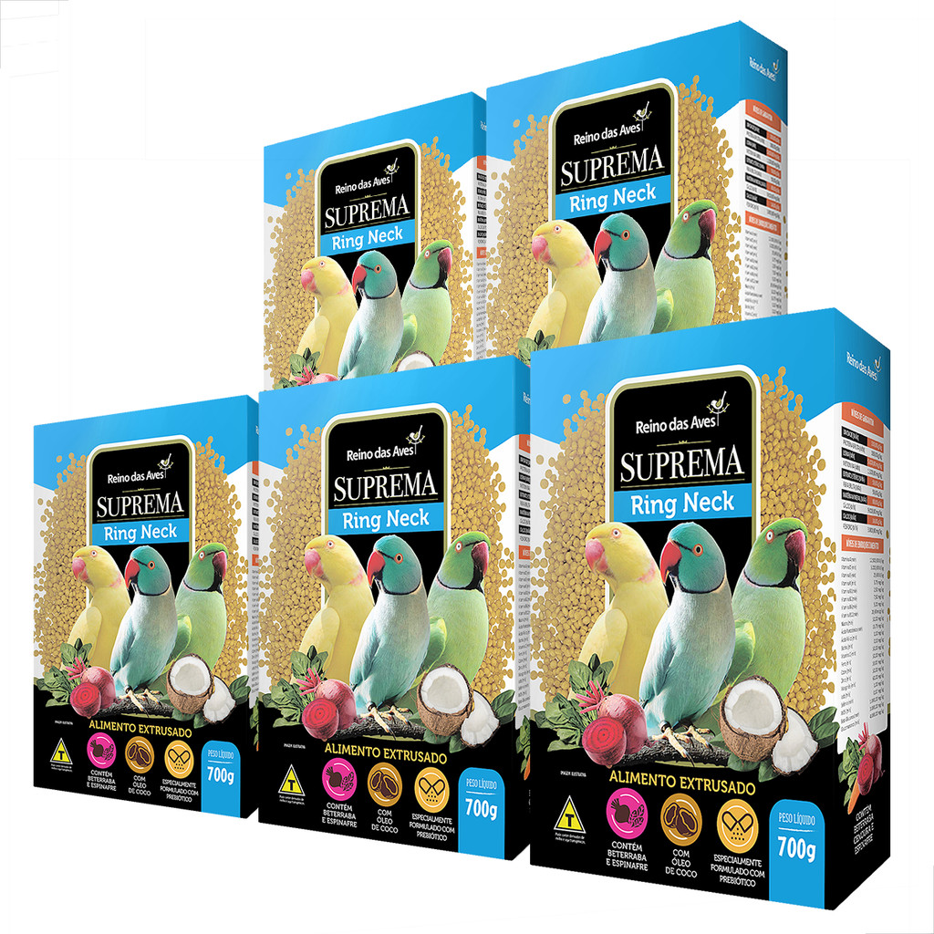 Kit 5 Ração Suprema Extrusada Ring Neck Calopsita 700g com Óleo de Coco Cenoura Espinafre Beterraba Ovo